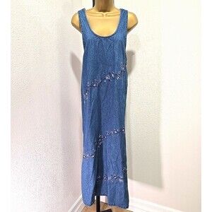 Vtg Denim Midi Overall Jumper Dress L Embroidered Cottage Prairie Teacher Modest
